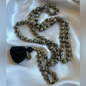 Dalmatian Jasper Mala 108 Beads Meditation Necklace Black Tassel